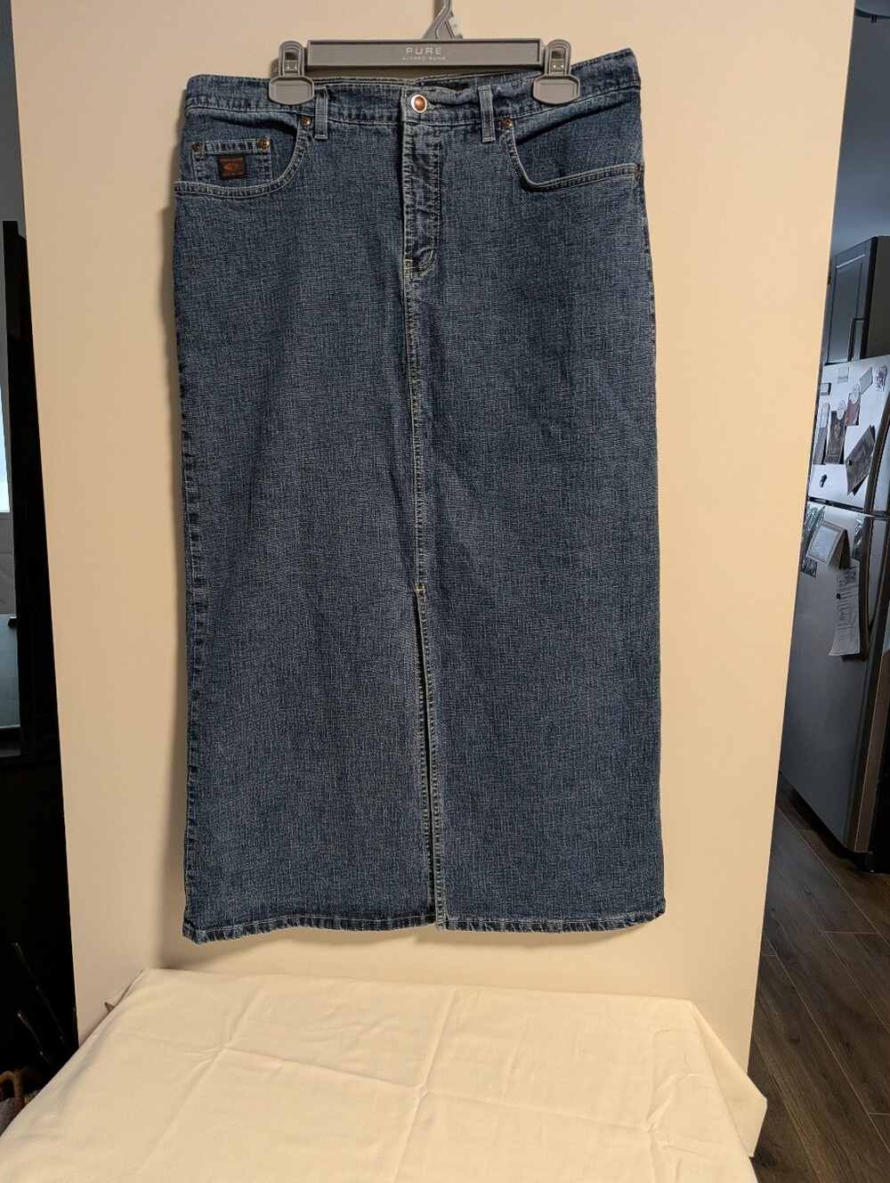 Point Zero. Classic Denim Long Skirt - Blue. Size 34. Long Front Slit.